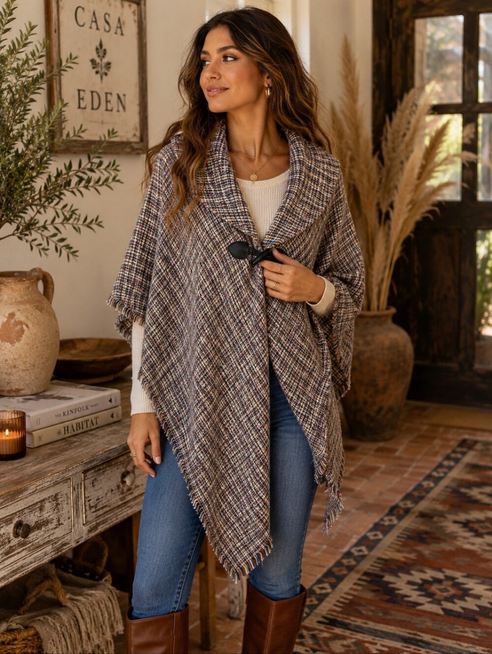 Altare Multicolor Plaid Toggle Cape Poncho Wrap Fringe One Size Boho Fall